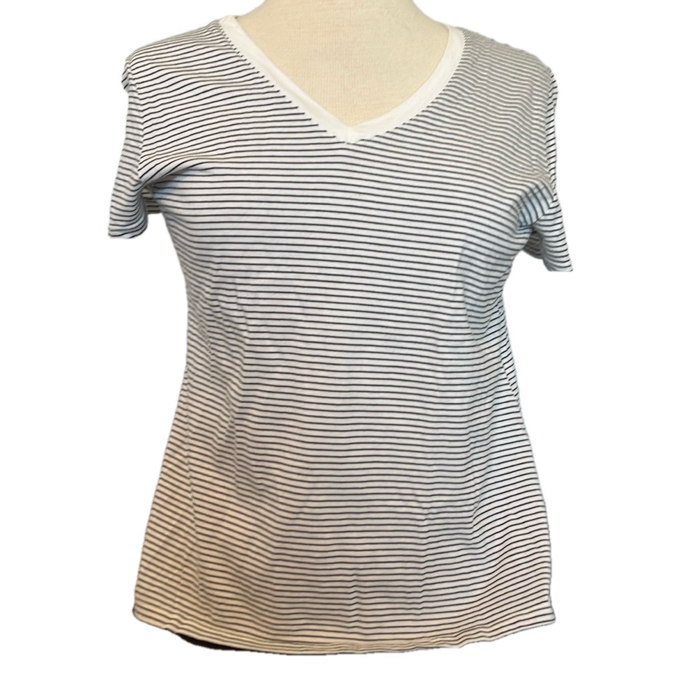 Tommy Hilfiger Black White Striped Short Sleeve Shirt Women’s Medium Preppy